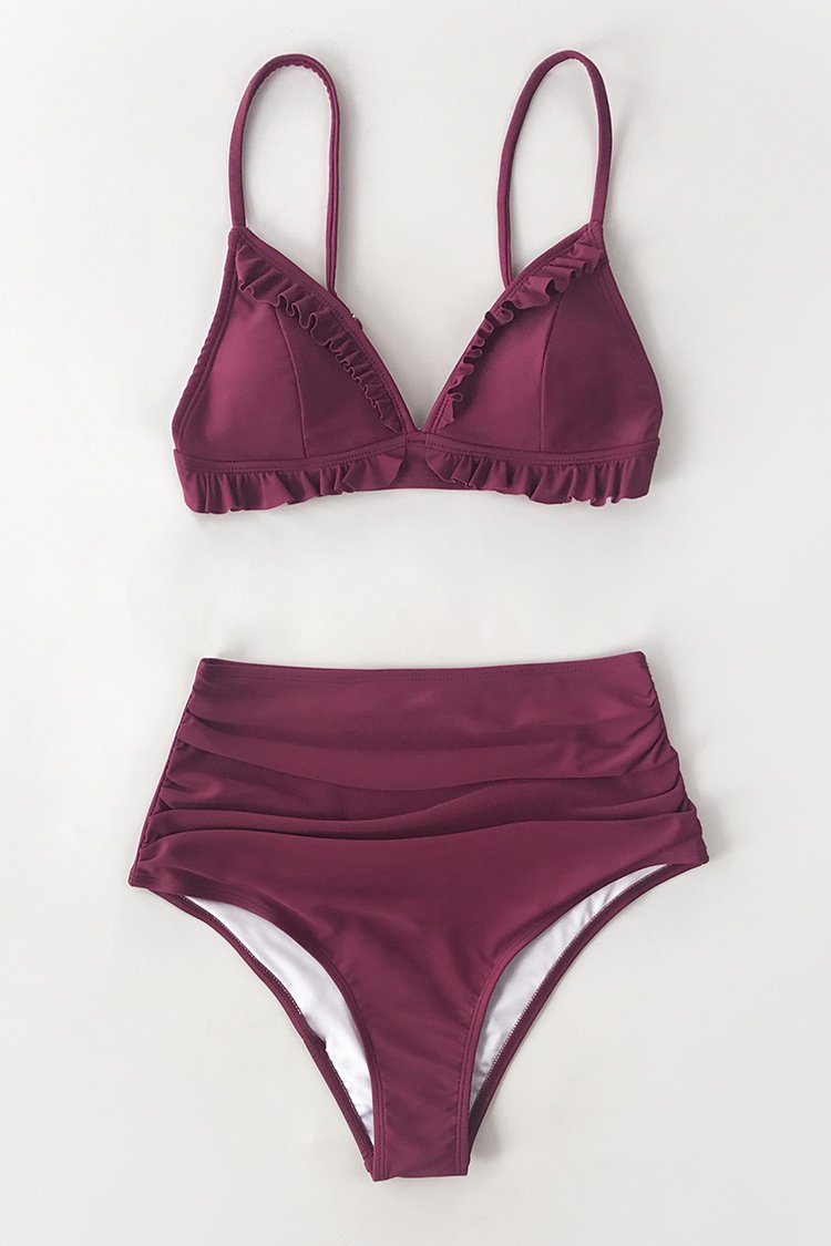 Burgundy Ruffled High Waisted Bikini