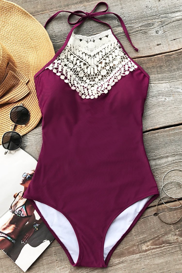 Broken Wine Halter One Piece Swimsuit