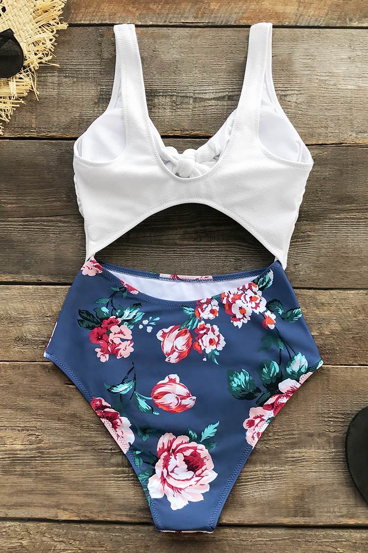 White and Floral Knotted One-Piece Swimsuit