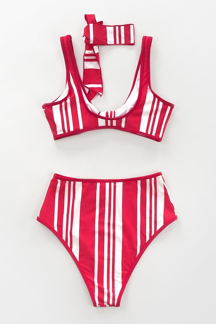 Red and White Striped High Waisted Bikini