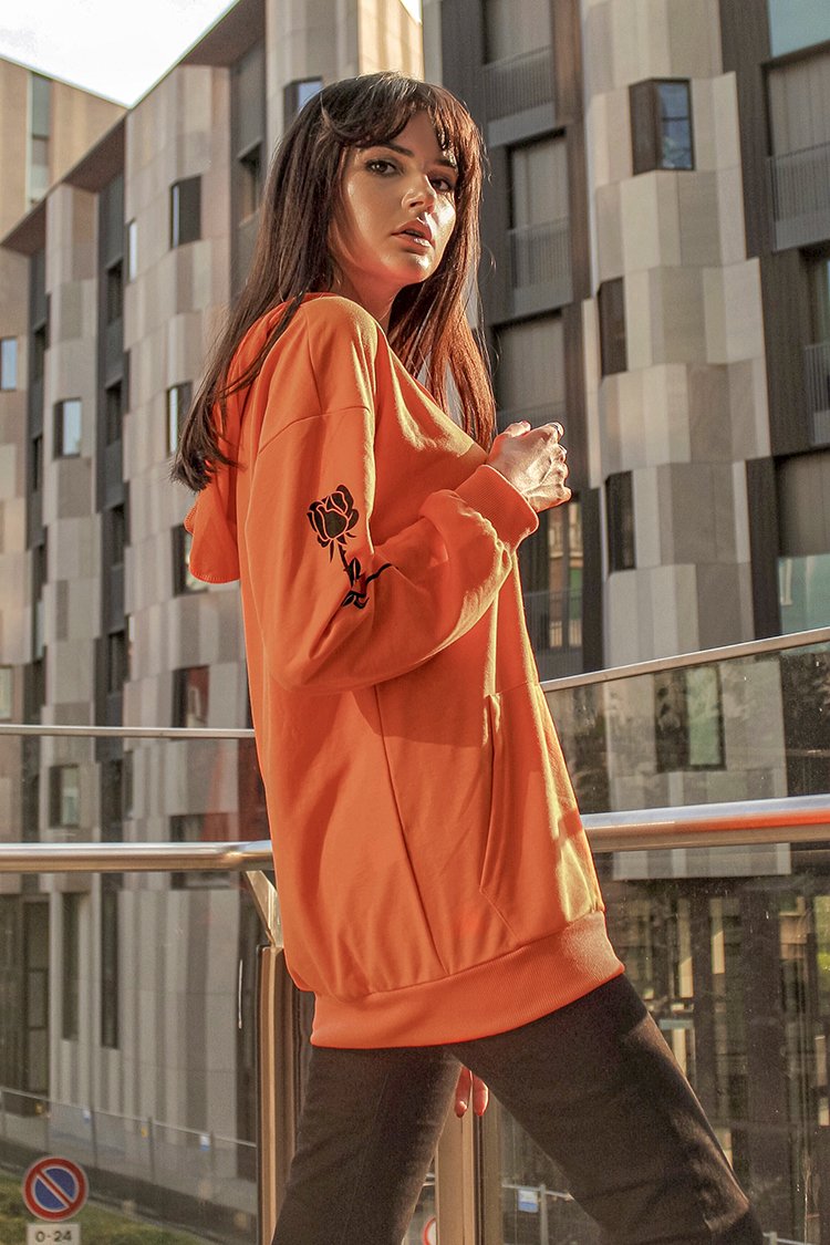 Orange Rose Print Oversized Hoodie