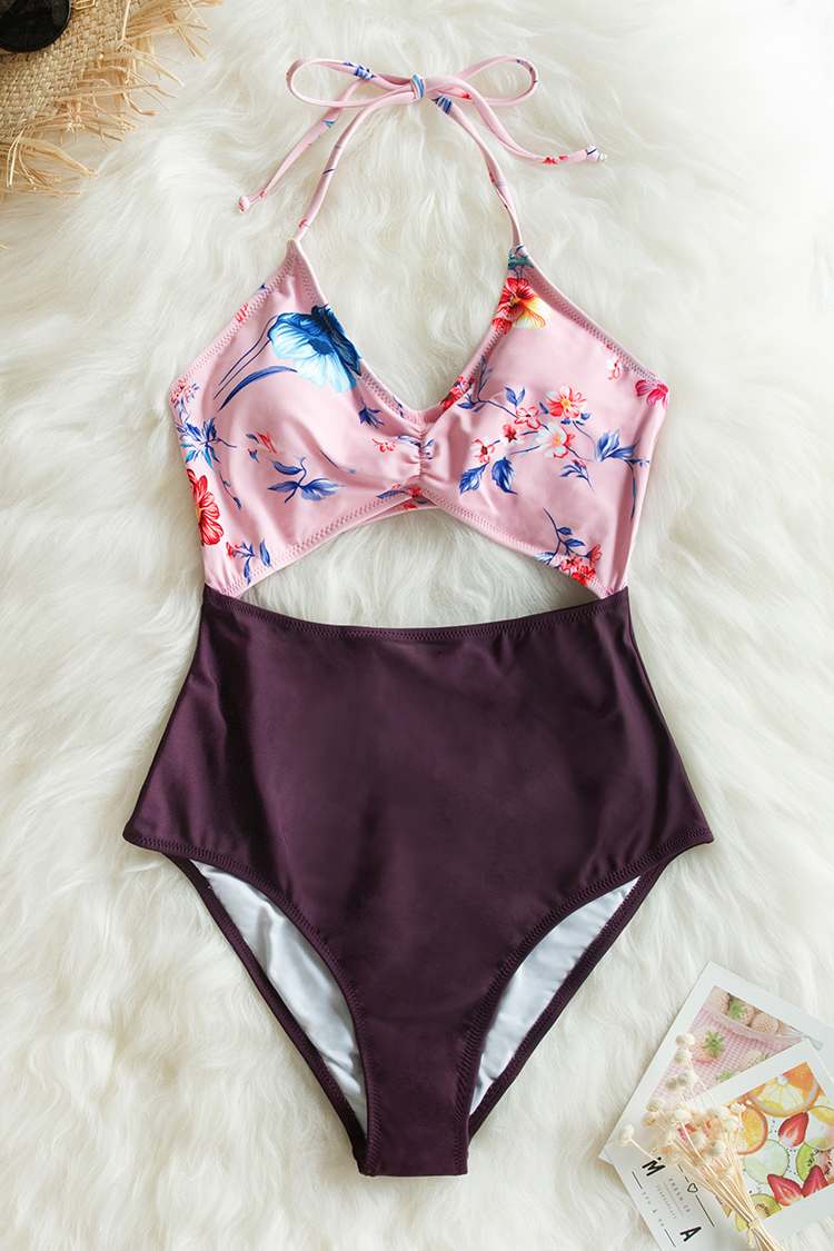 Pink and Purple Floral Cutout OnePiece Swimsuit