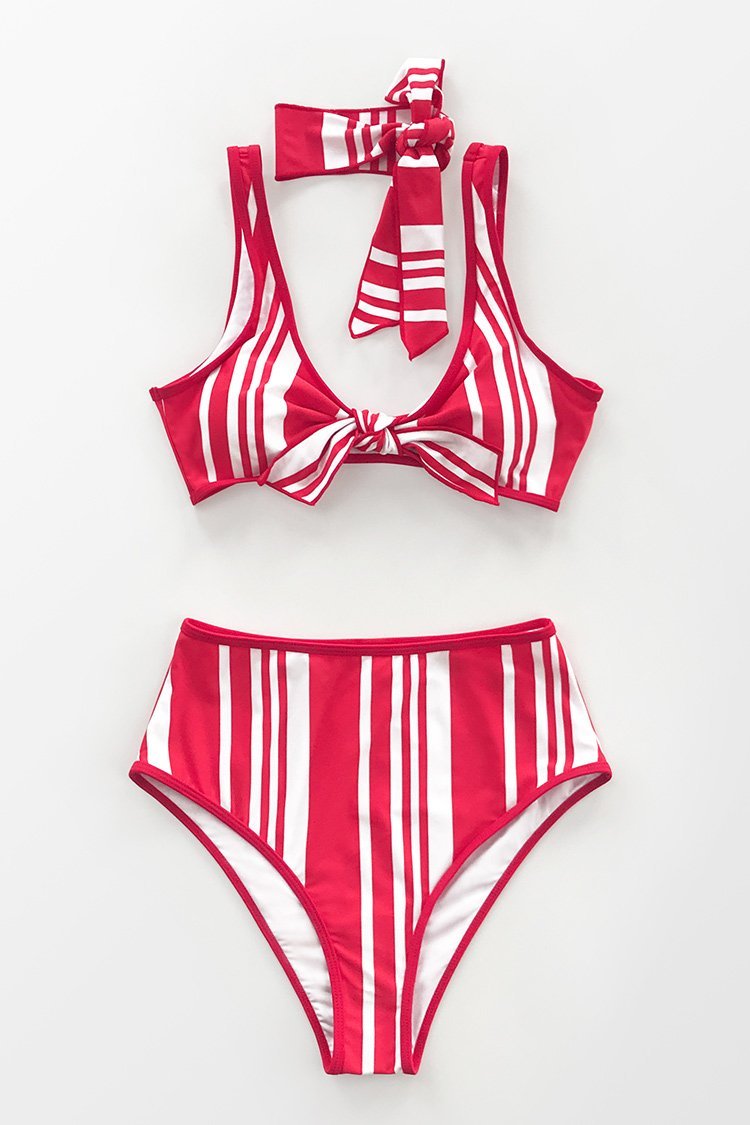Red and White Striped High Waisted Bikini