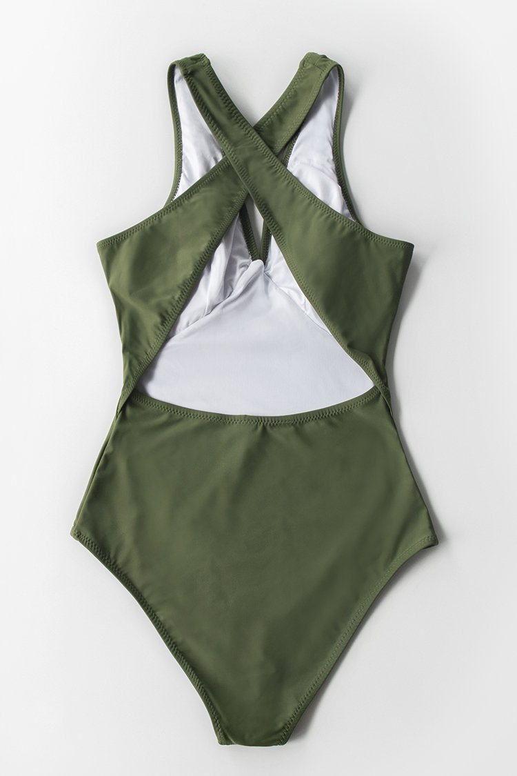 Olive Green V-Neck One-Piece Swimsuit