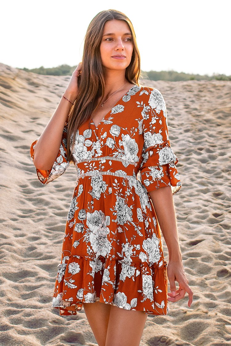 Colorful Mini Ruffle Dress Red Floral Ruffle Mini Dress