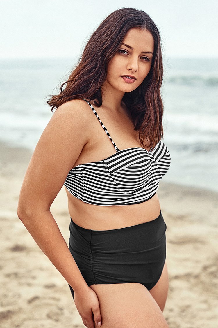 Stripe Printed Plus Size Bikini With High-waisted Bottom