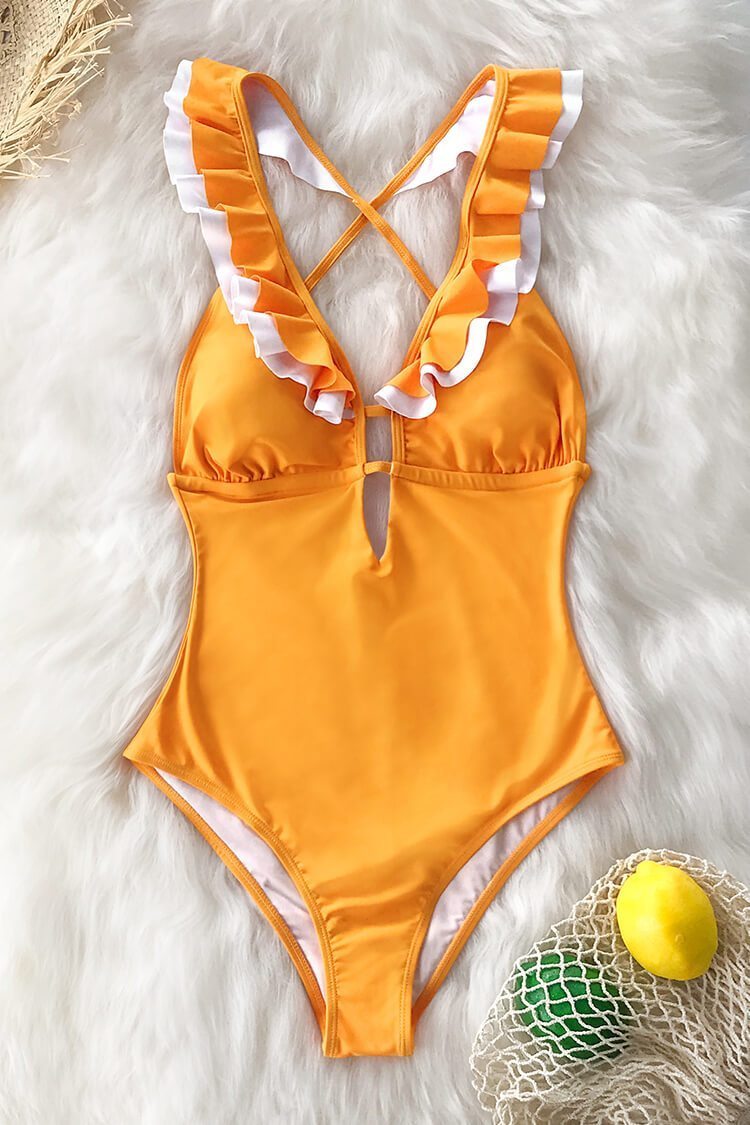 Yellow Ruffle Back Criss-Cross One-Piece Swimsuit
