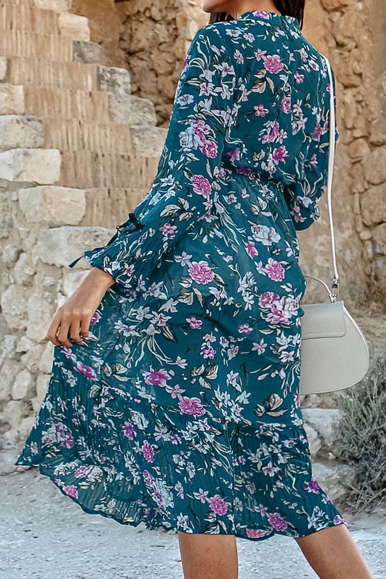 Navy Floral Long Sleeve Midi Dress