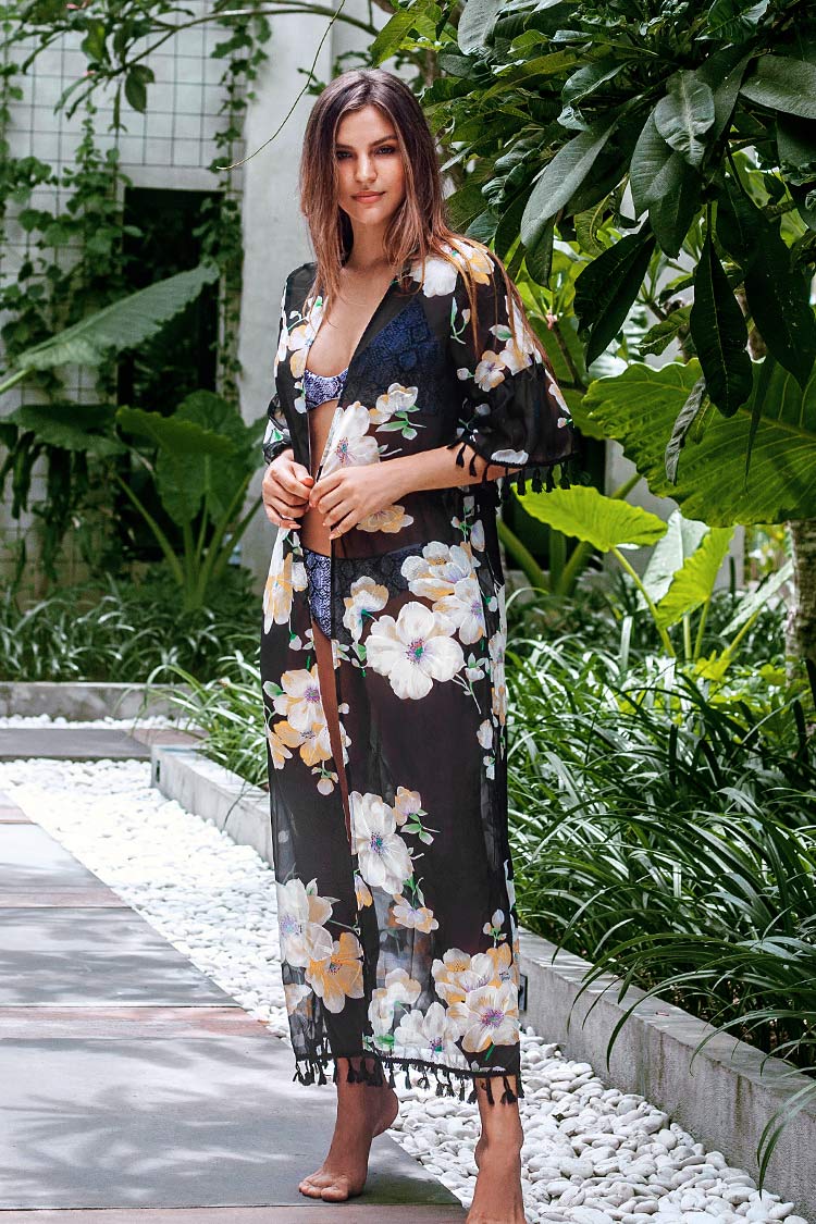 Peony Long Cover Up - Black
