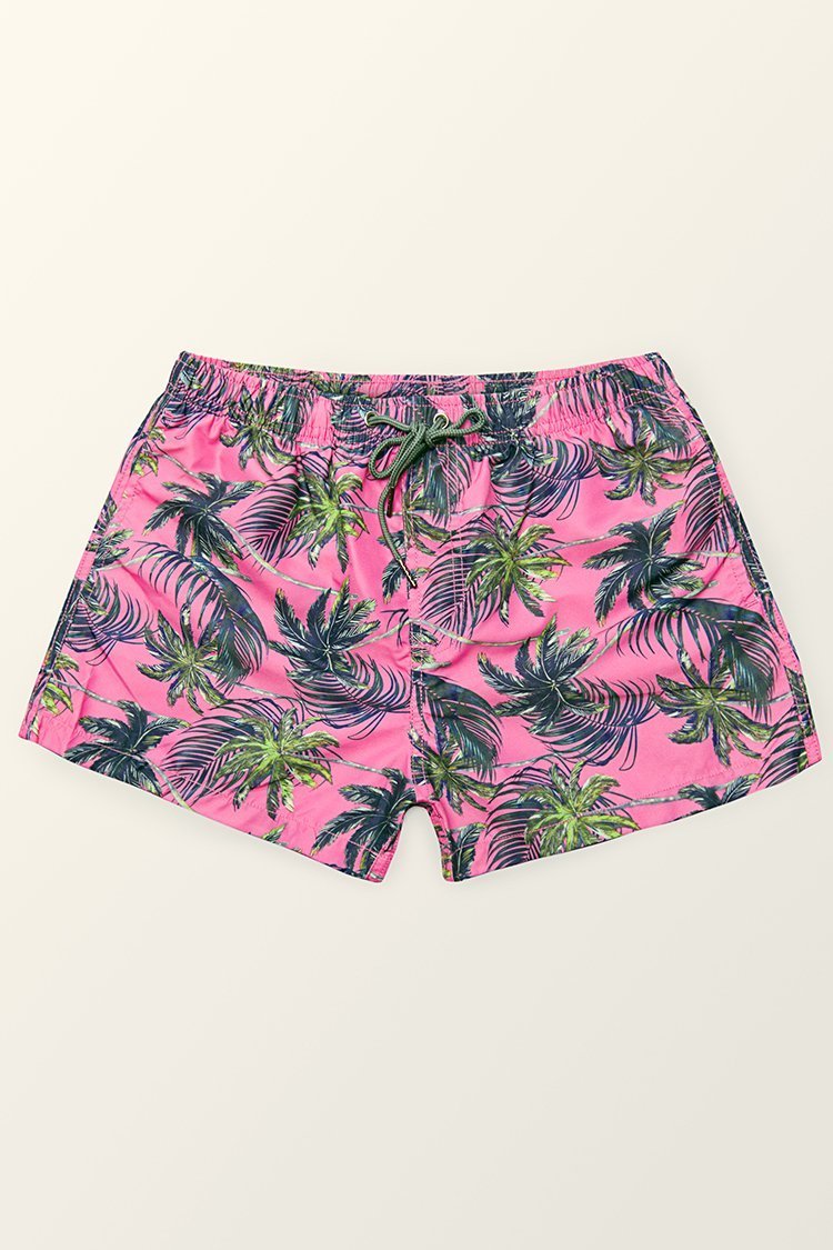 Pink Palm Tree Print Men's Swim Trunks
