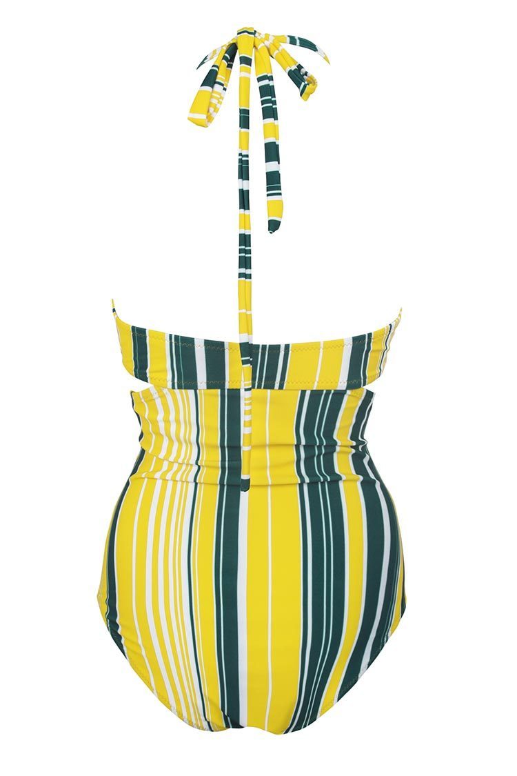 Yellow Gray and White Stripe Print One Piece Swimsuit