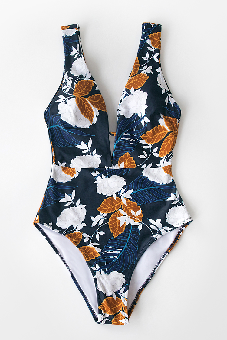 Autumn Floral Plunging Neckline One-Piece Swimsuit