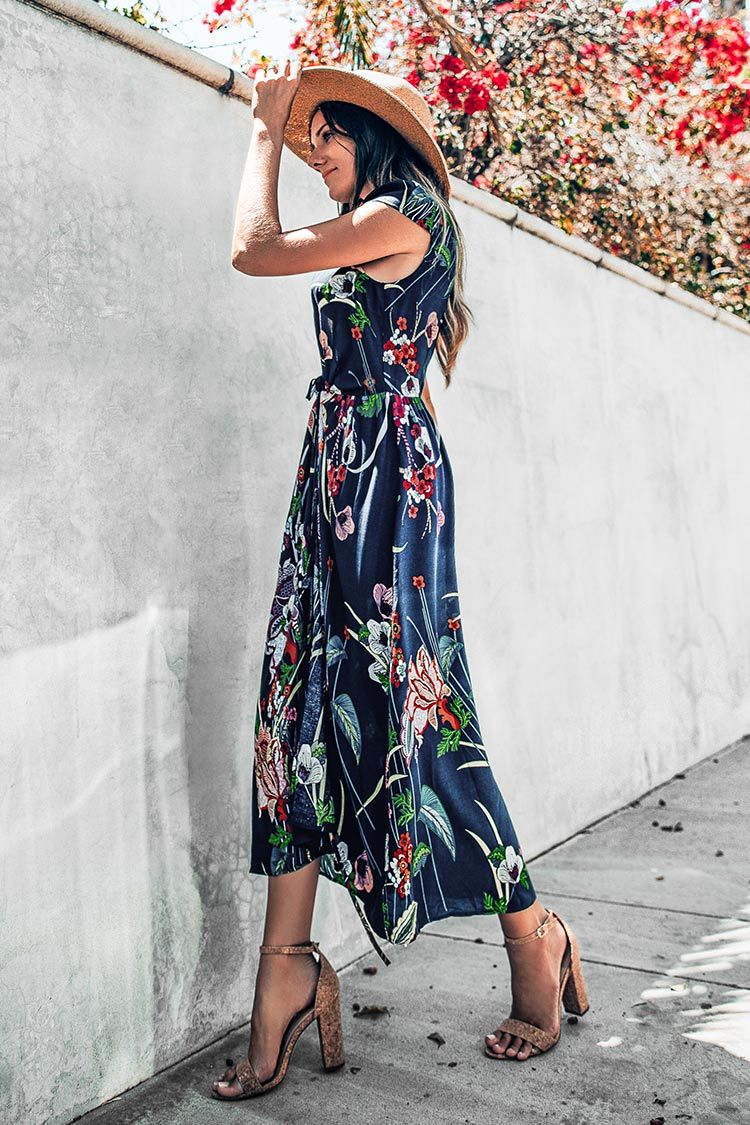 Floral Maxi Dress with Plunging Neckline