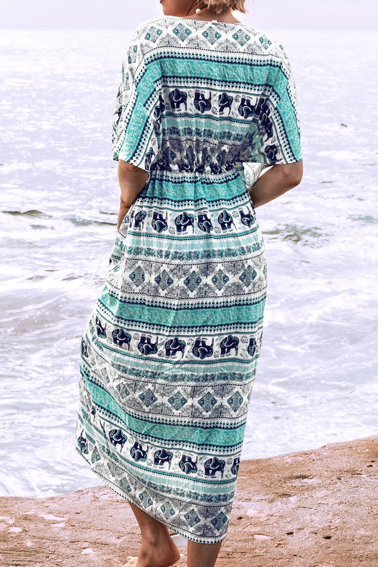 Elephant Print Drawstring Midi Dress