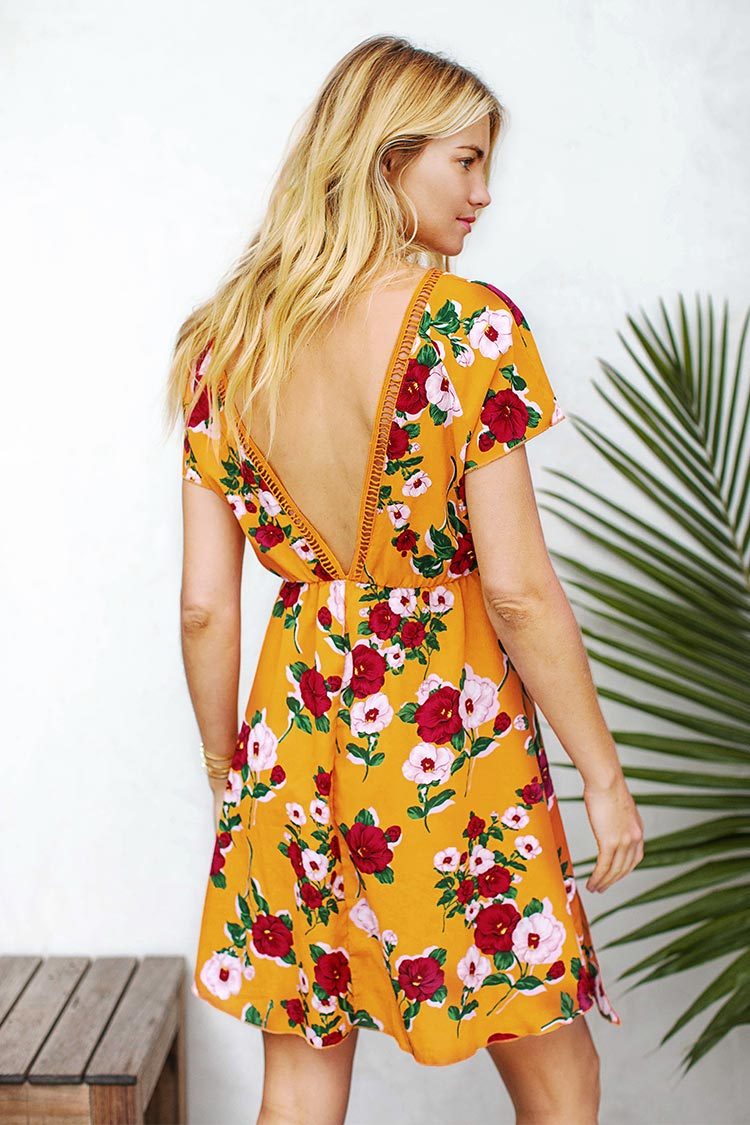 Yellow Floral Print Midi Dress