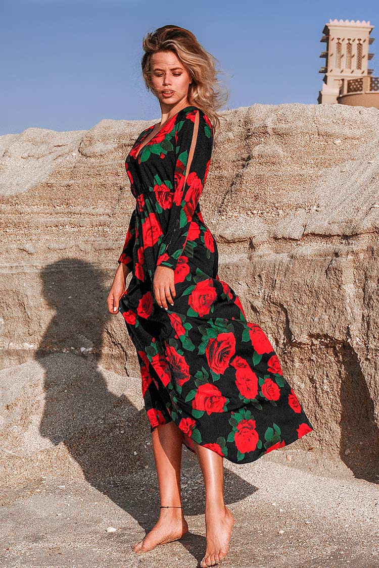 Black roses V neck cotton dress  main image 1