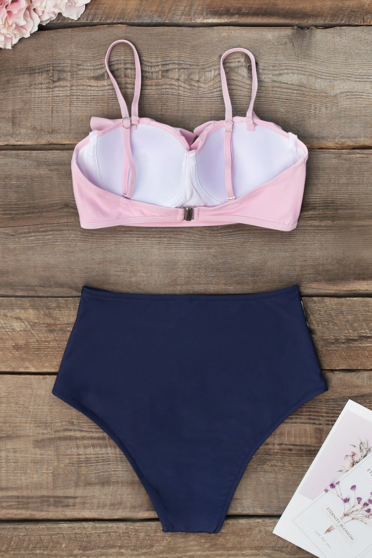 Pink and Navy High-Waisted Bikini with Molded Cups