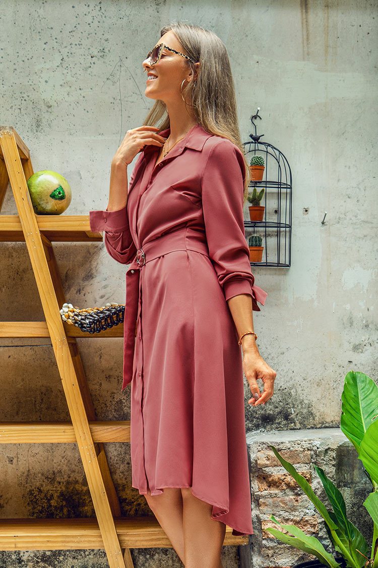 Coral Pink Belt Buttoned Dress