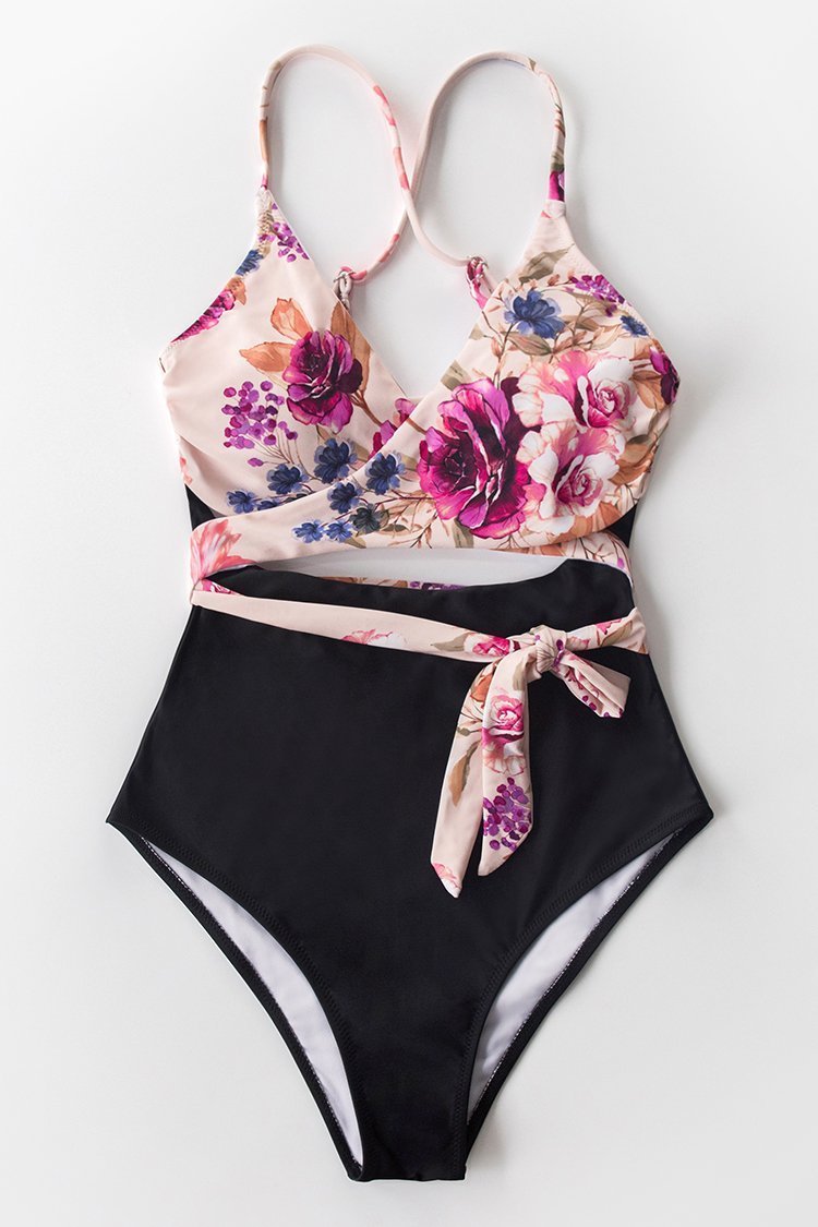 Floral and Solid Cutout One-Piece Swimsuit