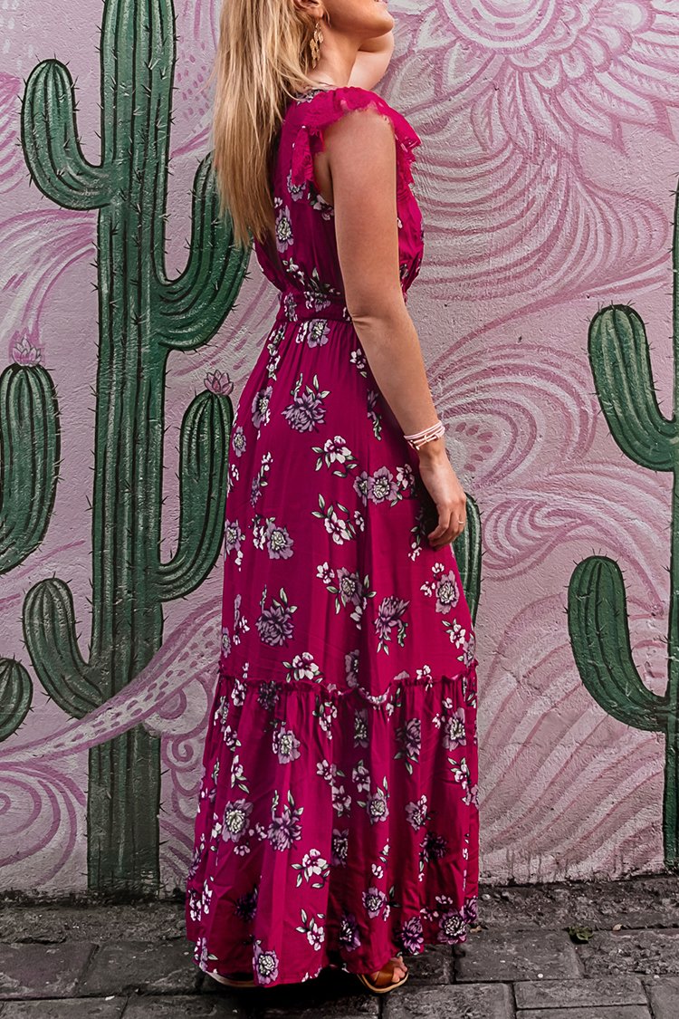 Red Floral Ruffle Maxi Dress