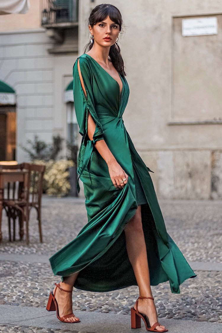 Dark Green Deep V-neck Dress
