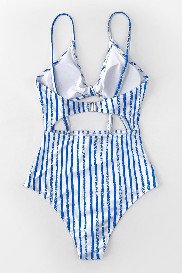 Blue and White Stripe Knotted One-Piece Swimsuit