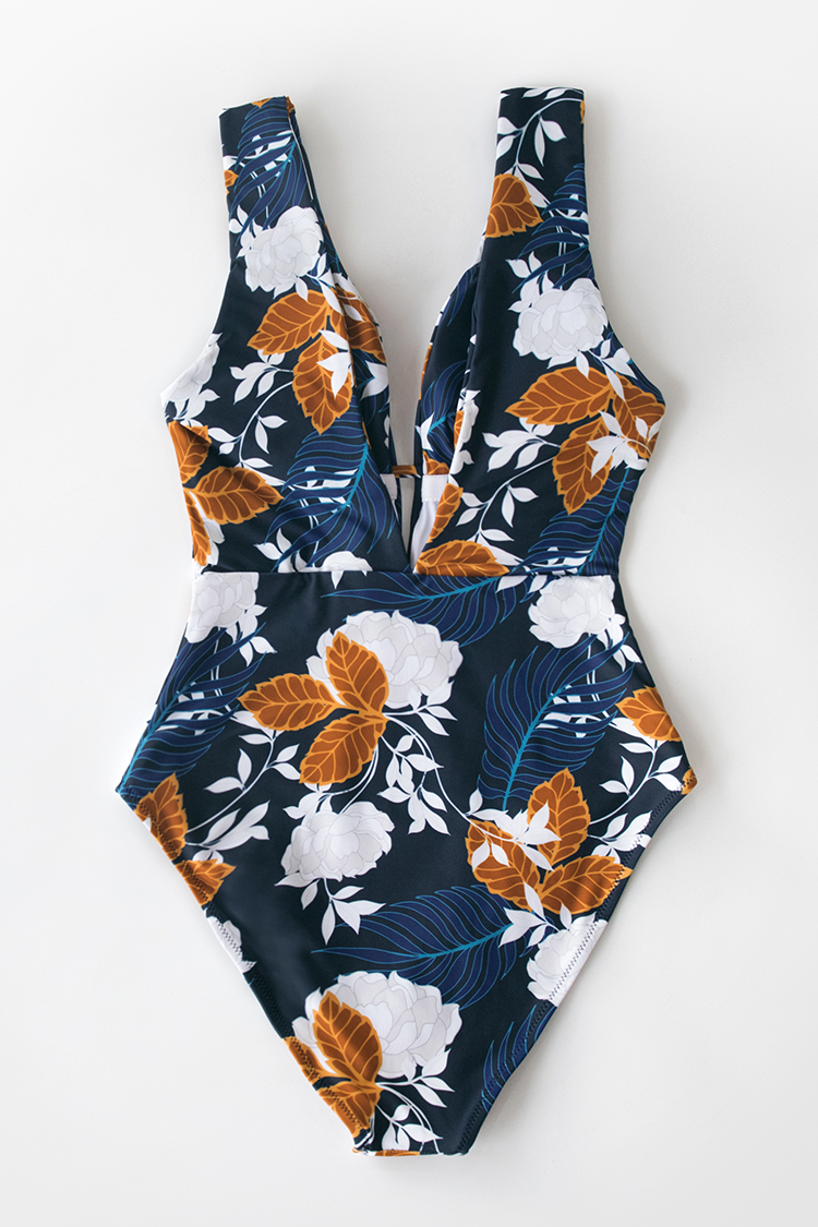 Autumn Floral Plunging Neckline One-Piece Swimsuit