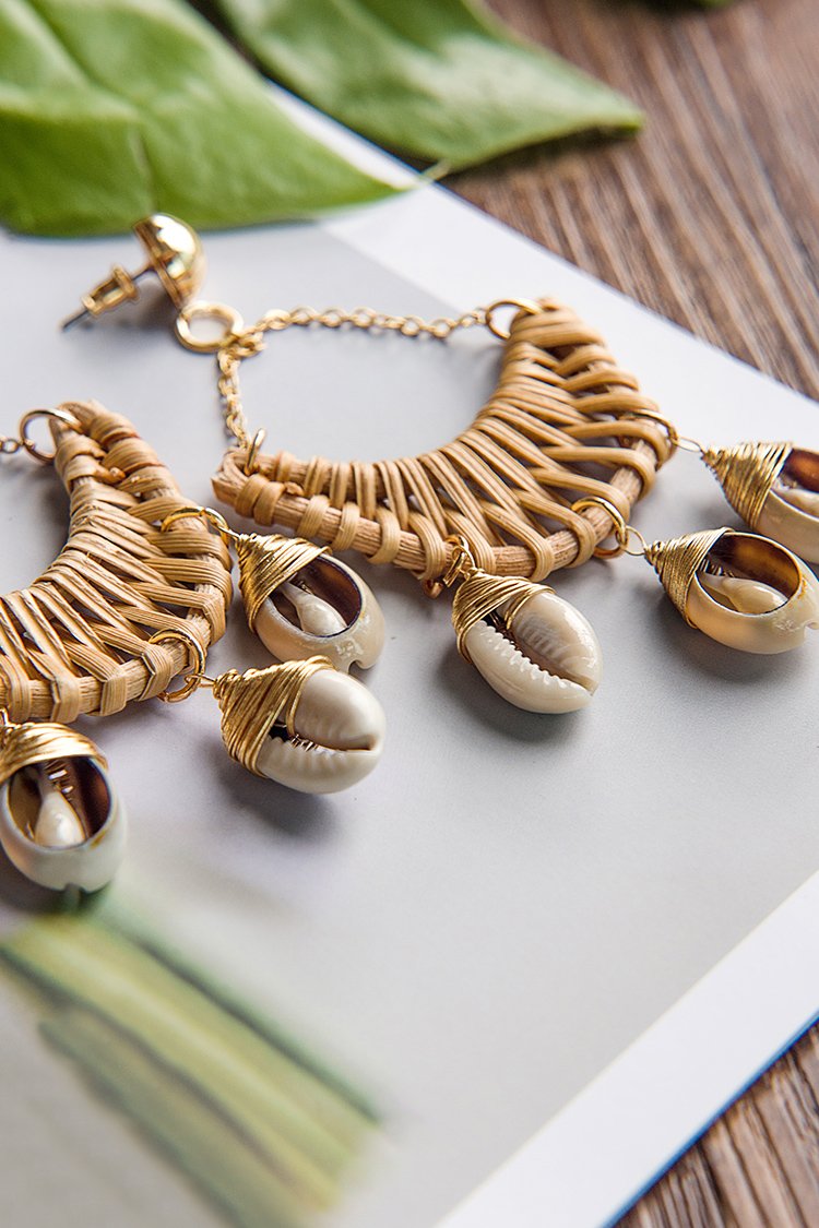 Woven Rattan and Puka Shell Chandelier Earrings