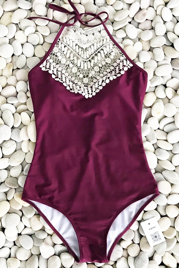 Broken Wine Halter One Piece Swimsuit