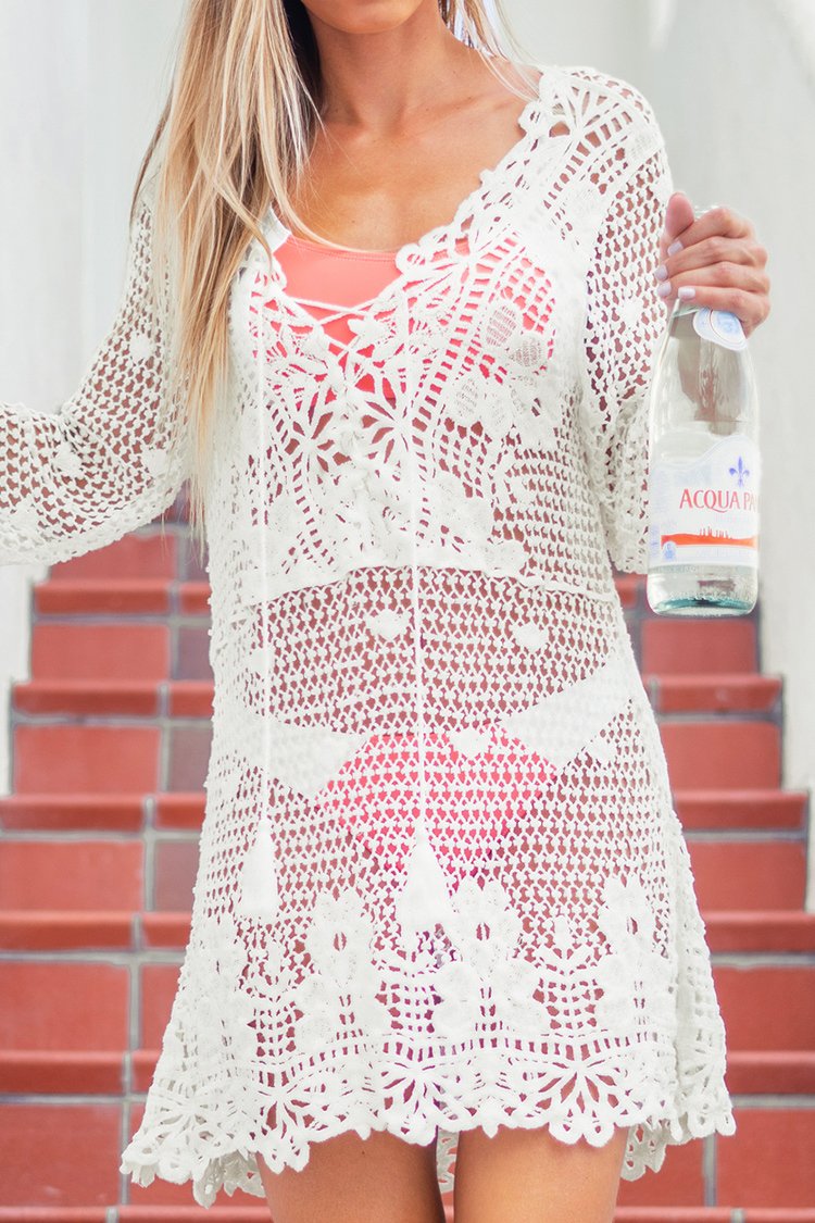 White Crochet Long Sleeve Cover Up