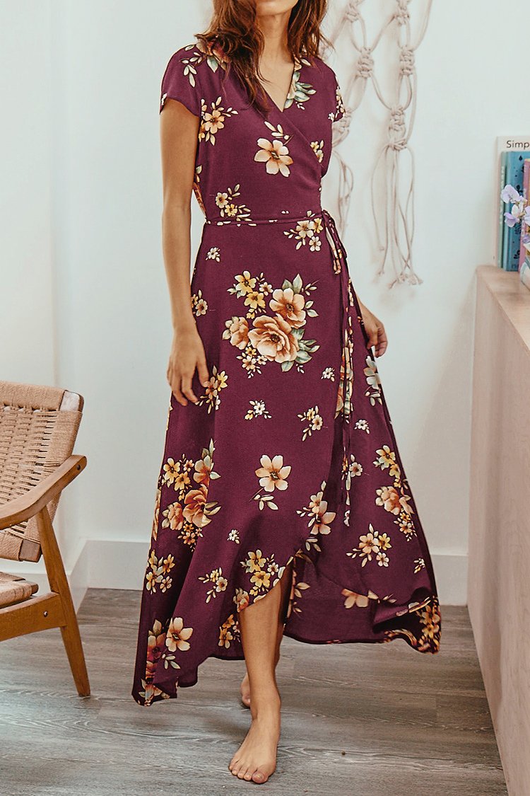 Wine Red Floral Print Pajamas Style Dress