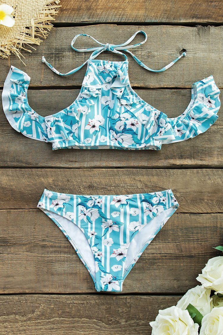 Blue and White Floral Stripe Cold Shoulder Bikini