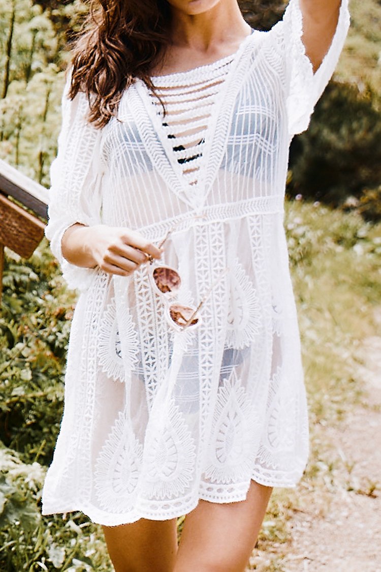 White Deep V-neck Horn Sleeve Cover Up