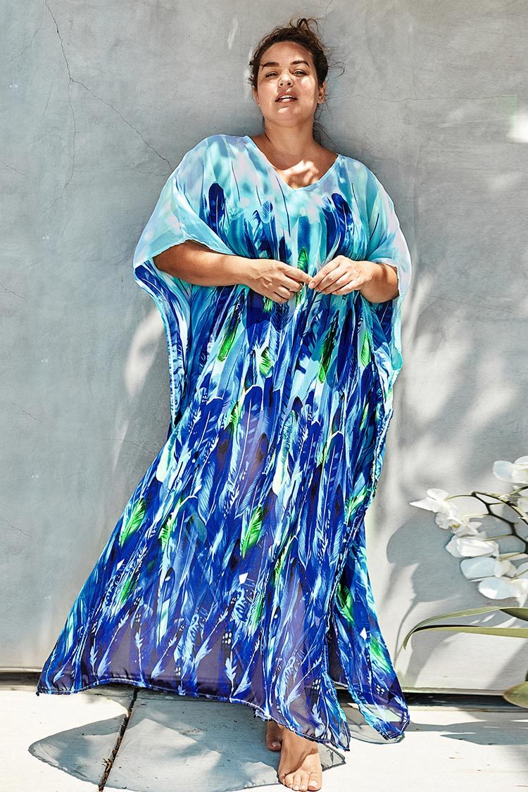Blue Feather Print Plus Size Maxi Cover Up