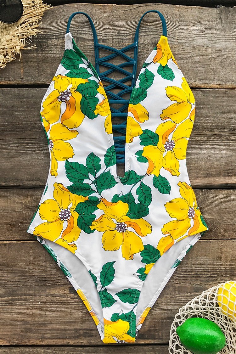 Floral Lace-Up Deep V-neck One-Piece Swimsuit