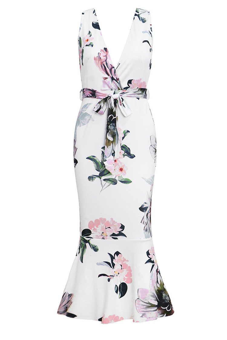 White Floral Fishtail Midi Dress
