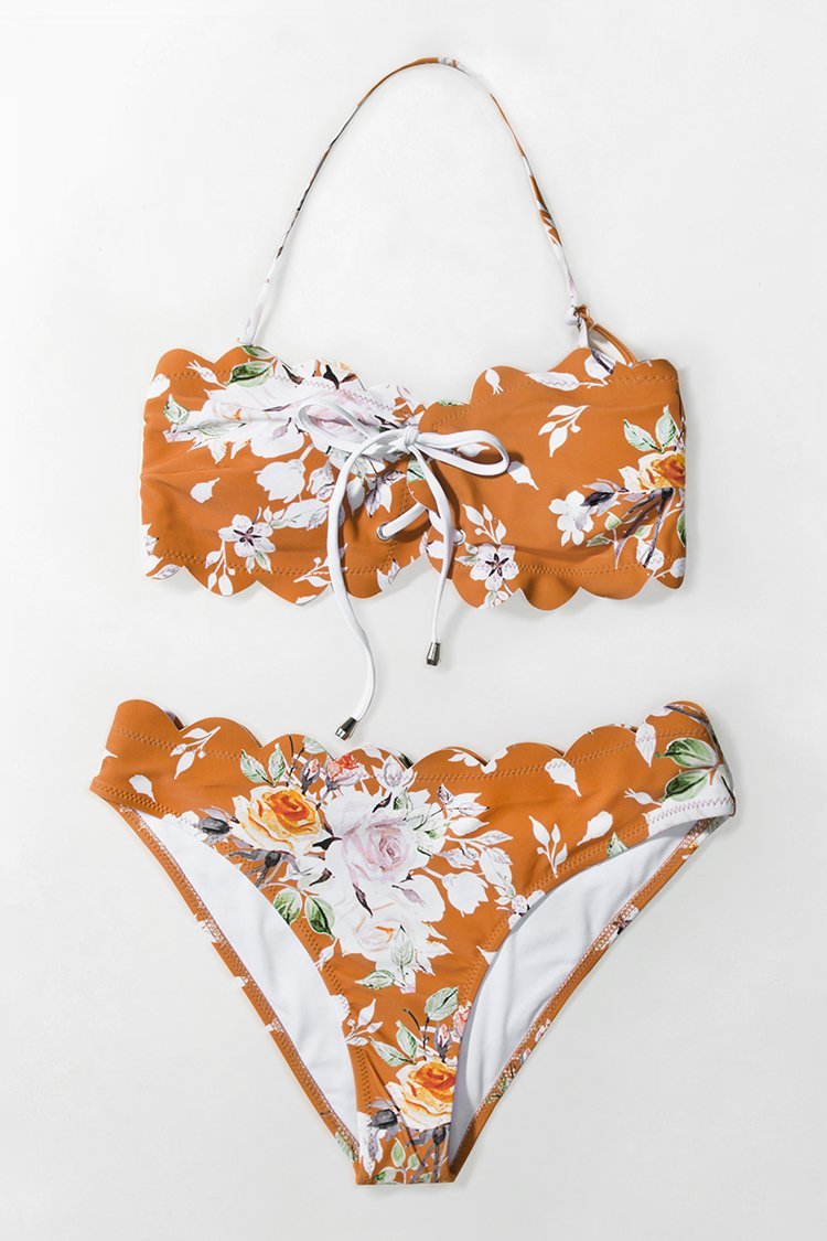 Orange Floral Scalloped Bikini
