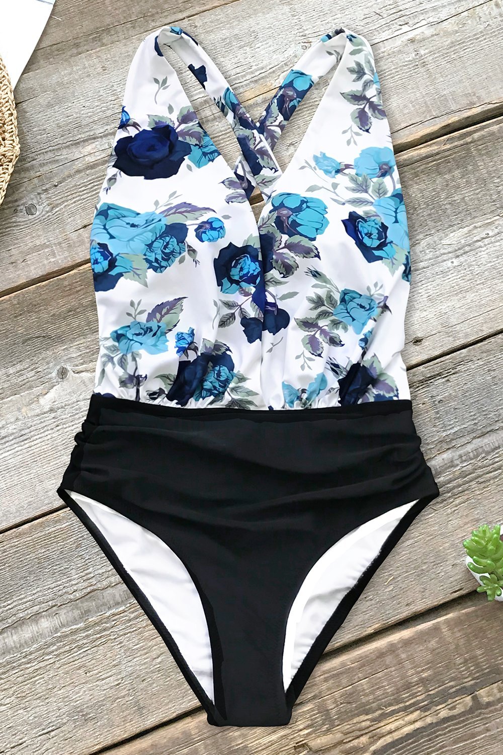 Blue Floral and Black Ruched One-Piece Swimsuit
