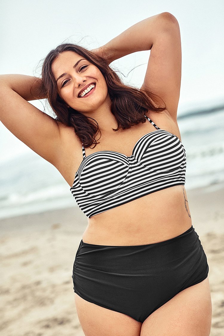 Stripe Printed Plus Size Bikini With High-waisted Bottom