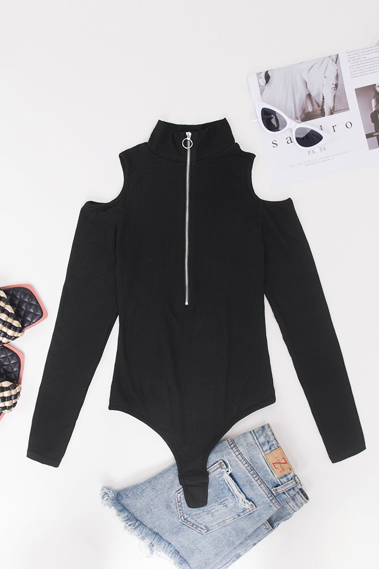 Tamia Zip-up Cold Shoulder Long Sleeve Bodysuit