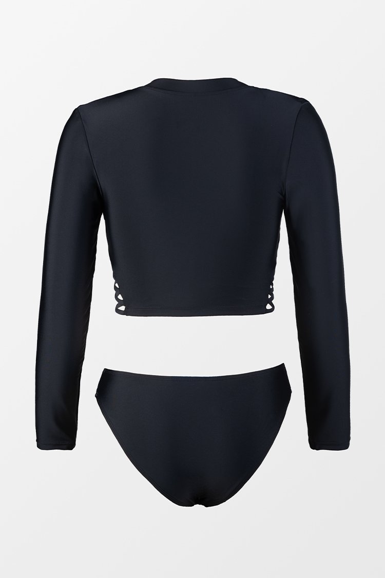 Esther Black Front Zipper Long Sleeve Tankini