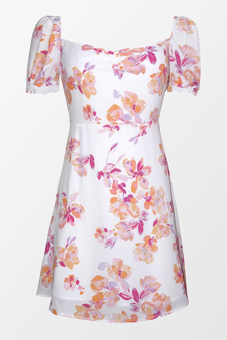 Summer Floral Puffed Sleeve Ruched Dress