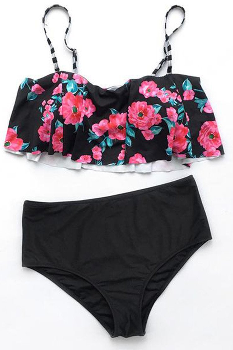 Plus Size Women-Falbala V-Neck Bikini Set