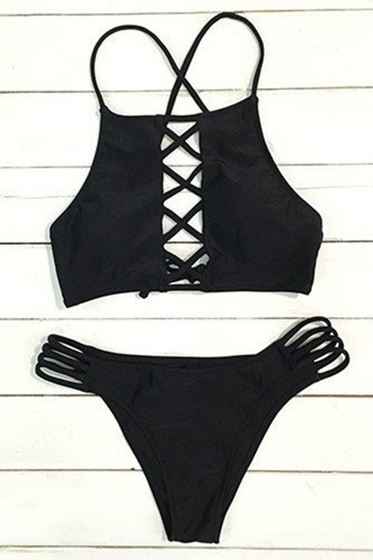 Little Black Lace Up Bikini Set