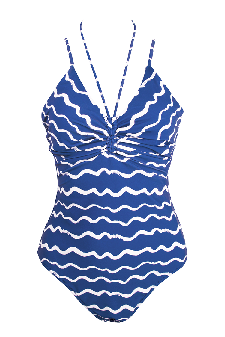 Blau weißer Badeanzug mit Wellenmuster