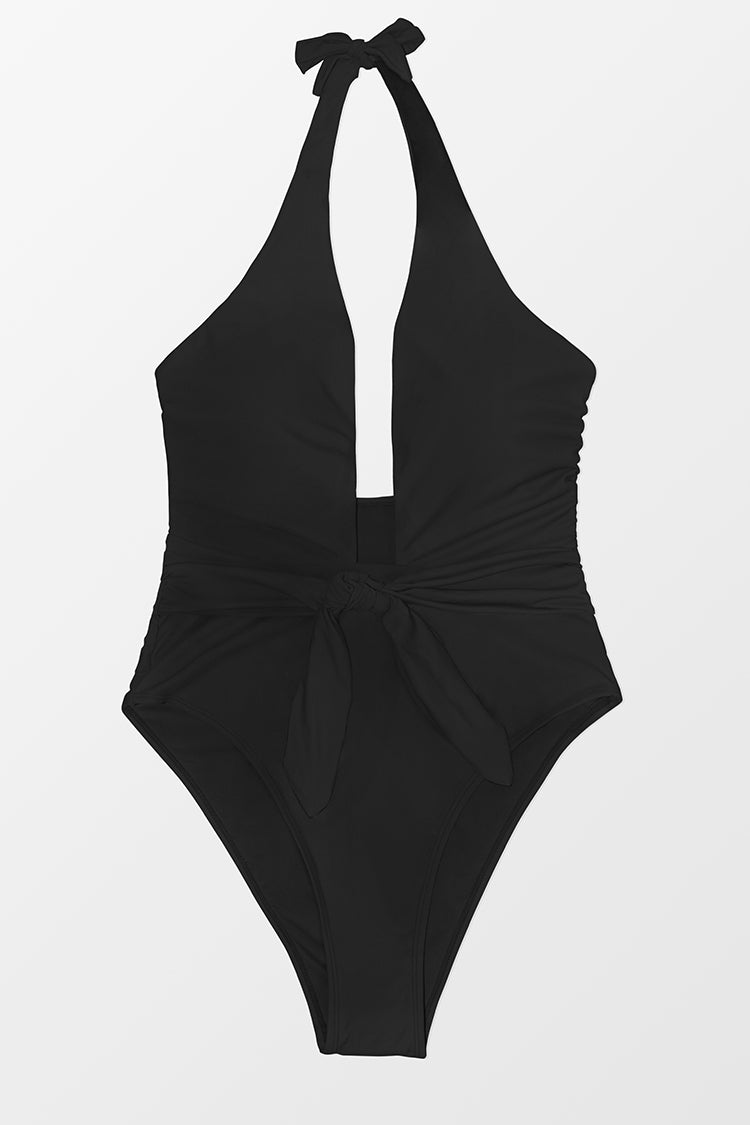 Precious Black Tie Front Cross Halter Black One Piece Swimsuit