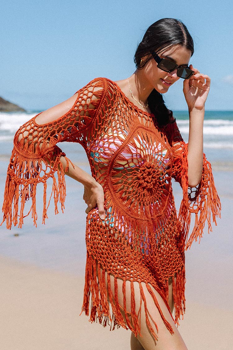 Desirae Orange Crochet Tassel Cover-up Dress