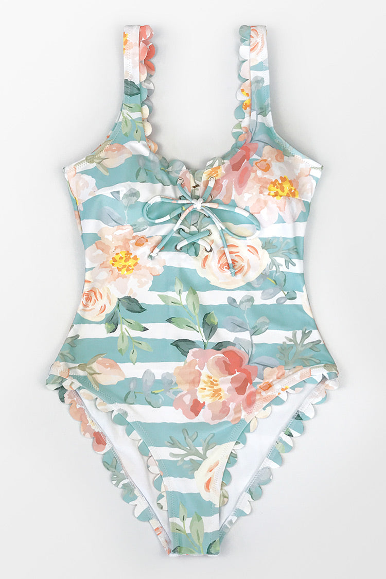Floral and Striped Scalloped One Piece Swimsuit