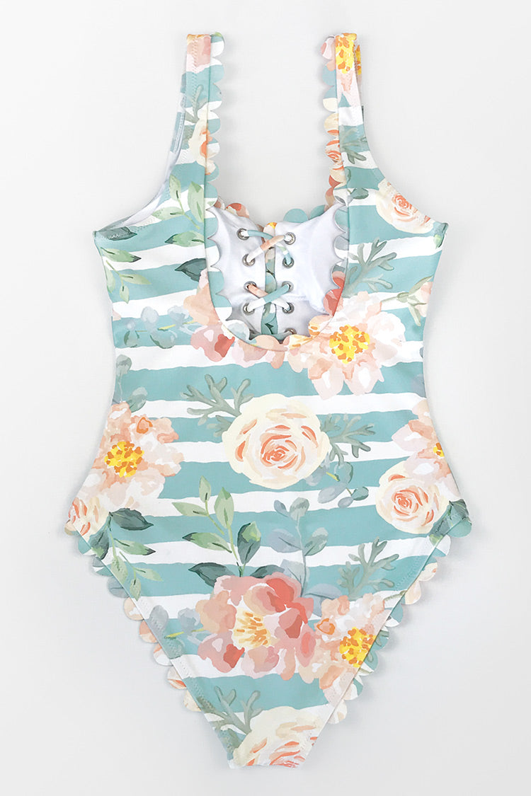 Floral and Striped Scalloped One Piece Swimsuit