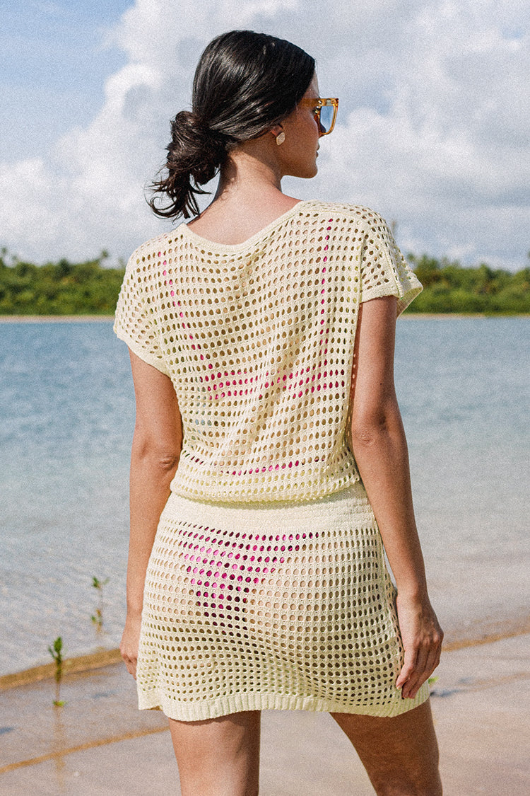 V-neck Elastic Waist Crochet Cover 
